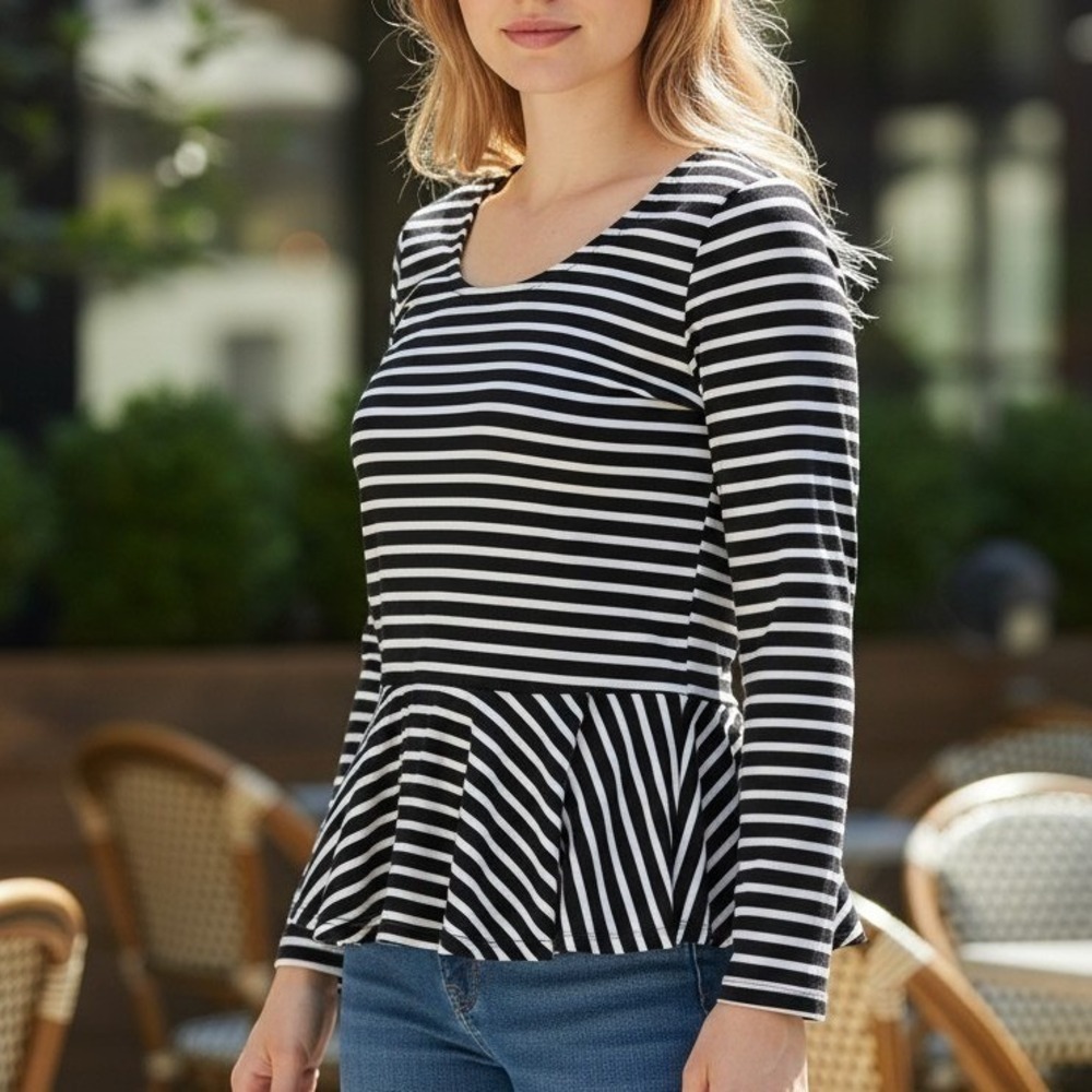 Vince Camuto Striped Peplum Blouse Pleated 3/4 Sleeve White Black Sz S